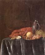 Pieter Gijsels Still life of a lemon,hazelnuts and a crab on a pewter dish,together with a lobster,oysters two wine-glasses,green grapes and a stoneware flagon,all u oil painting picture